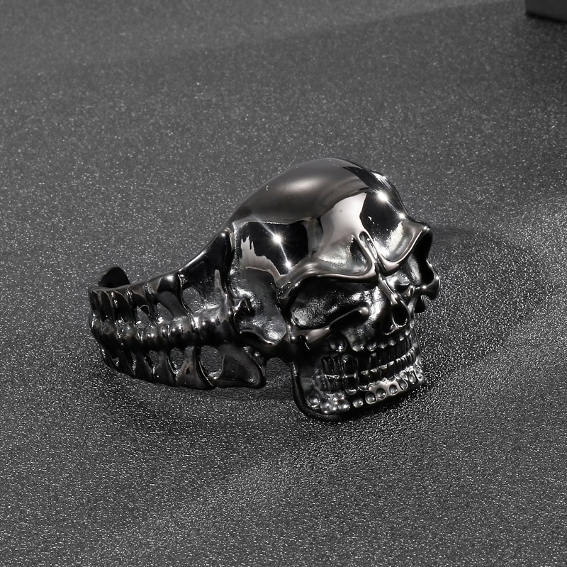 Biker Skull Stainless Steel Black Color Bracelet / Gothic Male Open Bracelets