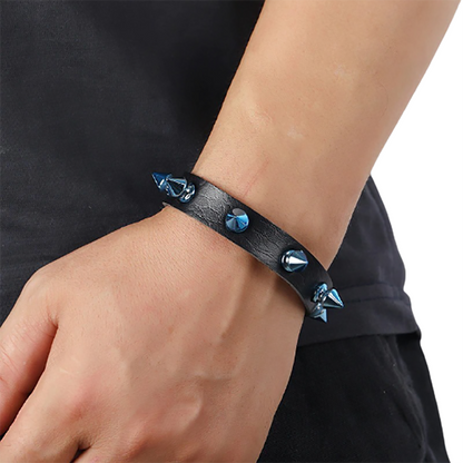 Biker Bracelet Pu Leather With Rivet of Blue Cone / Punk Bangles With Wide Cuff