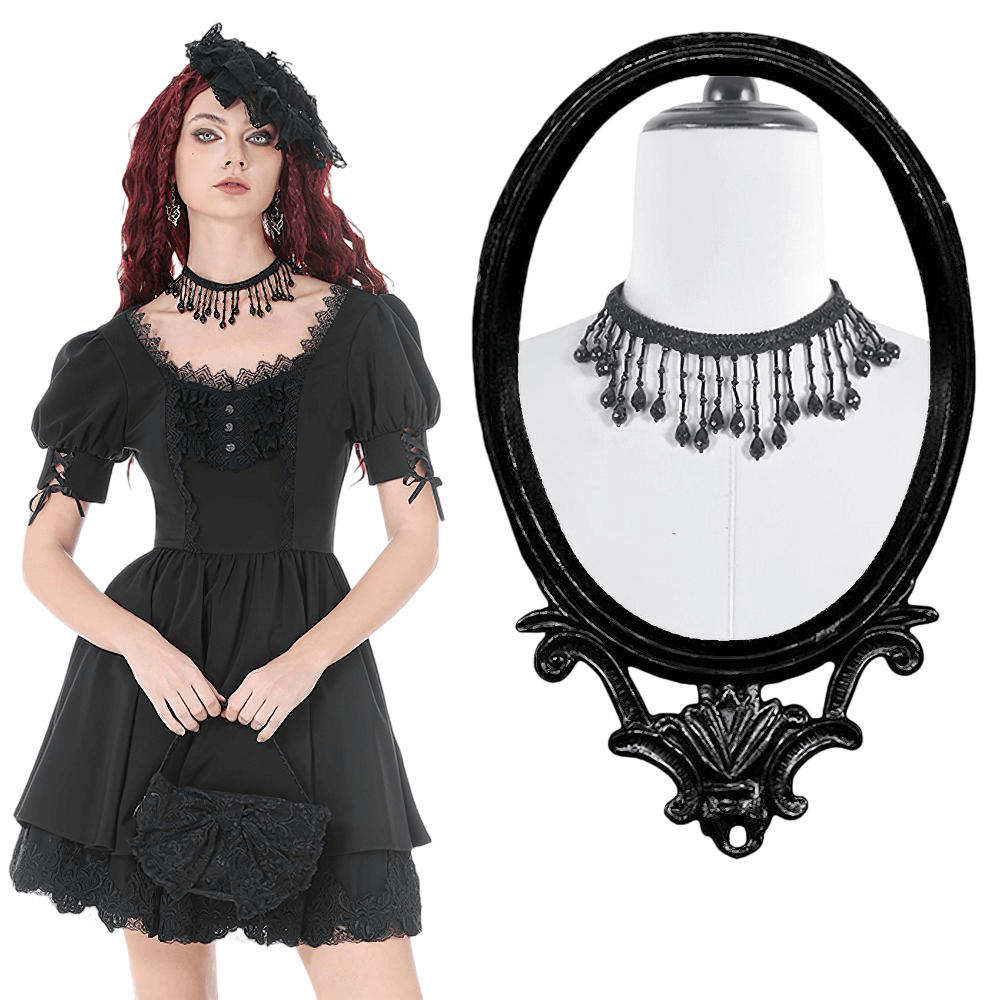 Black Beaded Fringe Choker Necklace Gothic Collar
