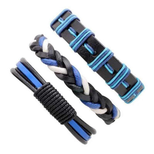 Black & Blue Leather Bracelet in Rock Style & Braided Rope Wristband Set of 3 Pcs