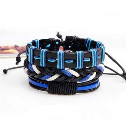 Black & Blue Leather Bracelet in Rock Style & Braided Rope Wristband Set of 3 Pcs