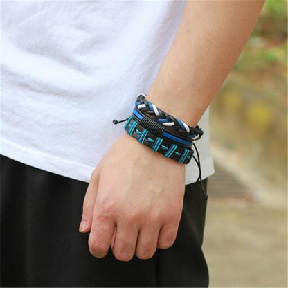 Black & Blue Leather Bracelet in Rock Style & Braided Rope Wristband Set of 3 Pcs