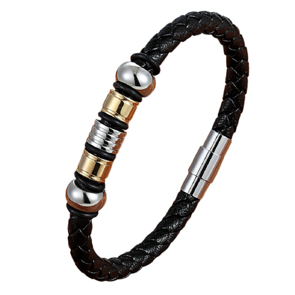 Black Genuine Leather Bracelet / Stainless Steel Magnetic Clasp Bracelet