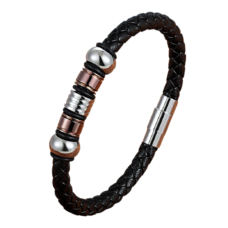 Black Genuine Leather Bracelet / Stainless Steel Magnetic Clasp Bracelet