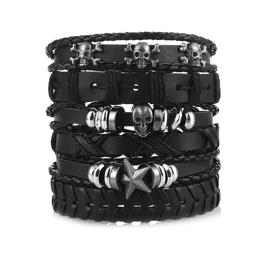 Black Leather Bracelet in Rock Style With Skull & Star Wristband Set of 6 Pcs