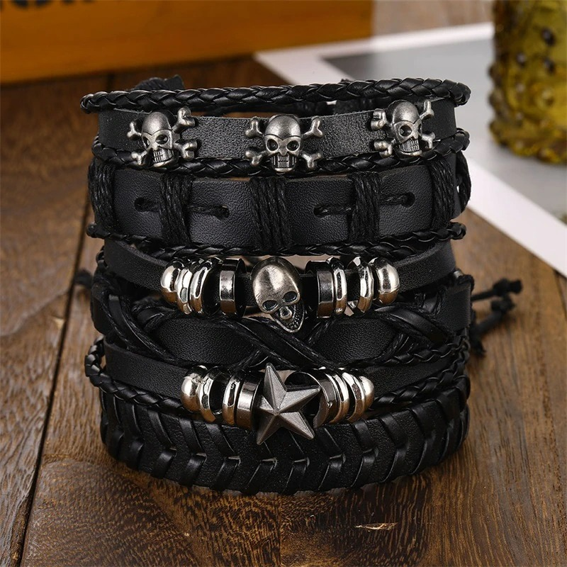 Black Leather Bracelet in Rock Style With Skull & Star Wristband Set of 6 Pcs