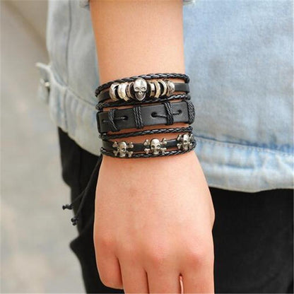 Black Leather Bracelet in Rock Style With Skull & Star Wristband Set of 6 Pcs