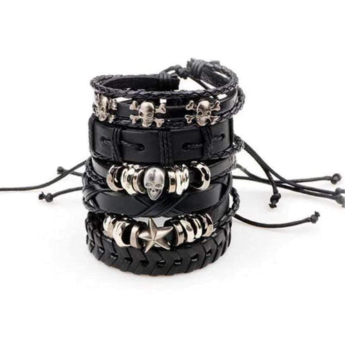 Black Leather Bracelet in Rock Style With Skull & Star Wristband Set of 6 Pcs