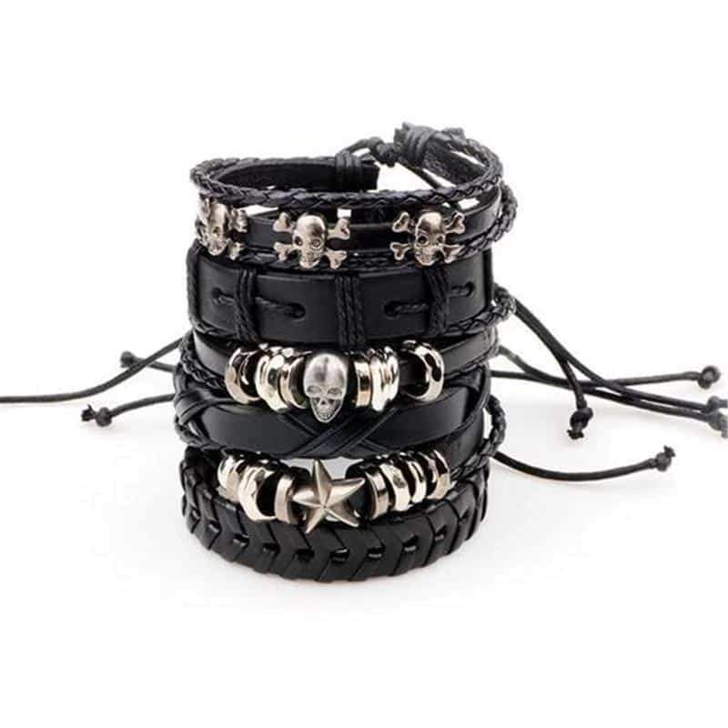 Black Leather Bracelet in Rock Style With Skull & Star Wristband Set of 6 Pcs