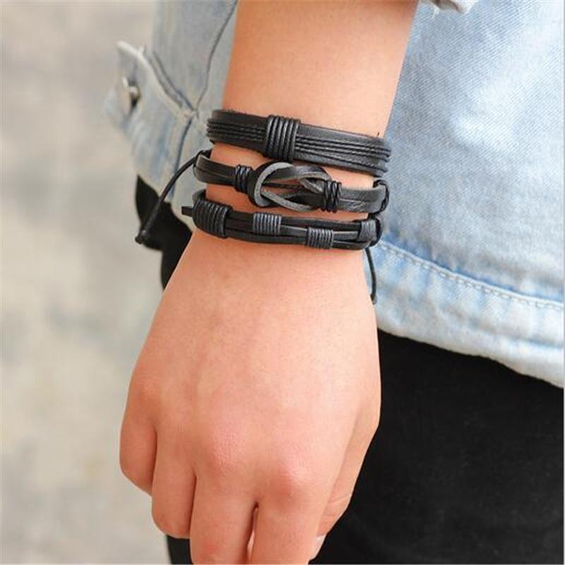 Black Leather Bracelet & Wristband in Rock Style Set of 5 Pcs