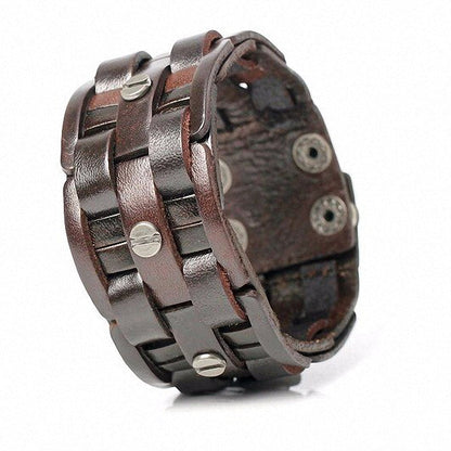 Black Leather Hand-woven Bracelets / Mosaic Wrap Bandage Bracelet for &