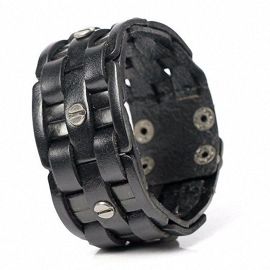 Black Leather Hand-woven Bracelets / Mosaic Wrap Bandage Bracelet for &