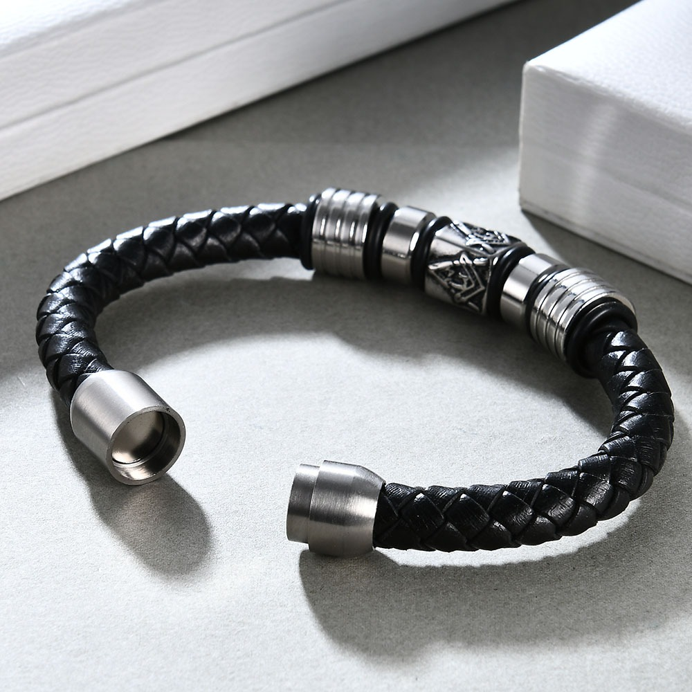 Black Leather Masonic Bracelet / Stainless Steel Magnet Bangle / and Jewelry