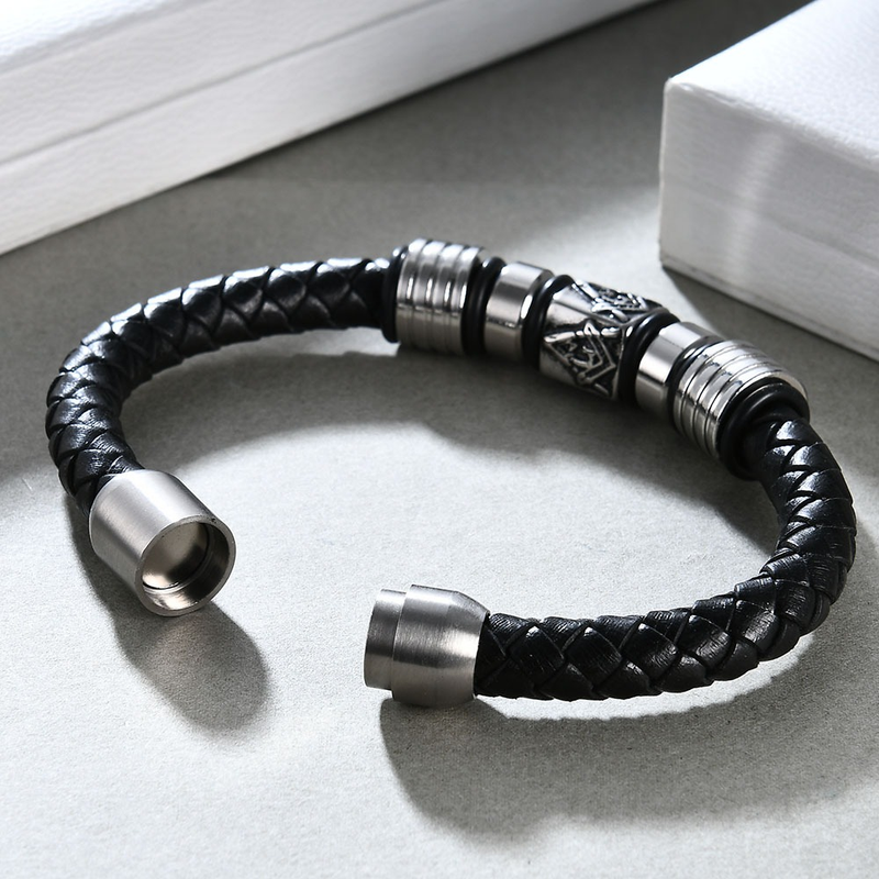 Black Leather Masonic Bracelet / Stainless Steel Magnet Bangle / and Jewelry