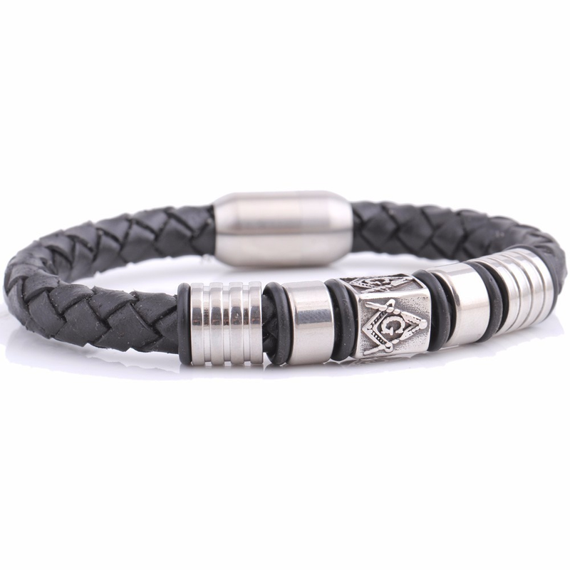 Black Leather Masonic Bracelet / Stainless Steel Magnet Bangle / and Jewelry