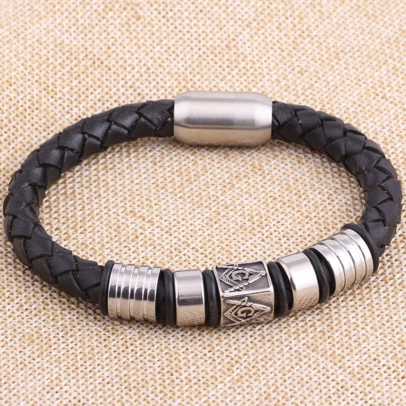 Black Leather Masonic Bracelet / Stainless Steel Magnet Bangle / and Jewelry