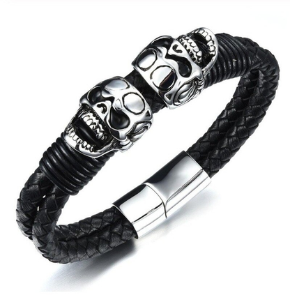 Black Braided Rope Leather Bracelet With Stainless Steel Skulls / Punk Rock Style Male Jewelry