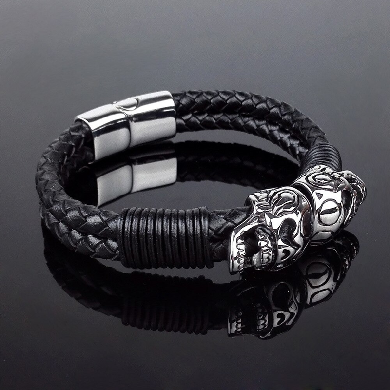 Black Braided Rope Leather Bracelet With Stainless Steel Skulls / Punk Rock Style Male Jewelry