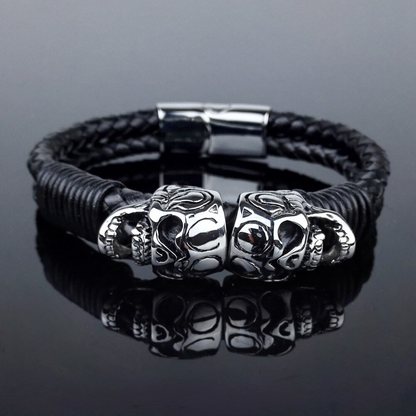 Black Braided Rope Leather Bracelet With Stainless Steel Skulls / Punk Rock Style Male Jewelry