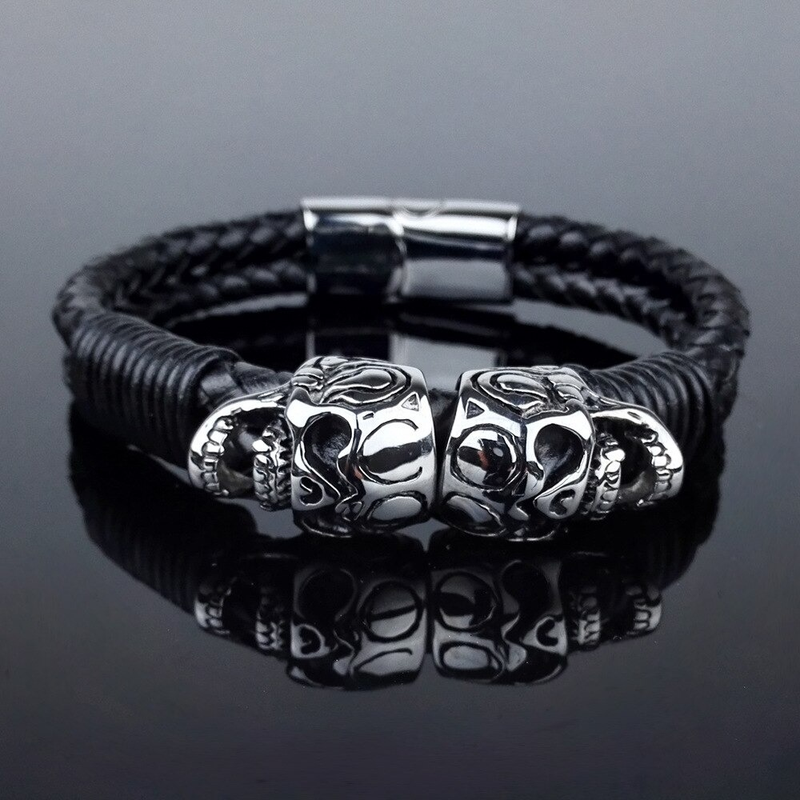 Black Braided Rope Leather Bracelet With Stainless Steel Skulls / Punk Rock Style Male Jewelry