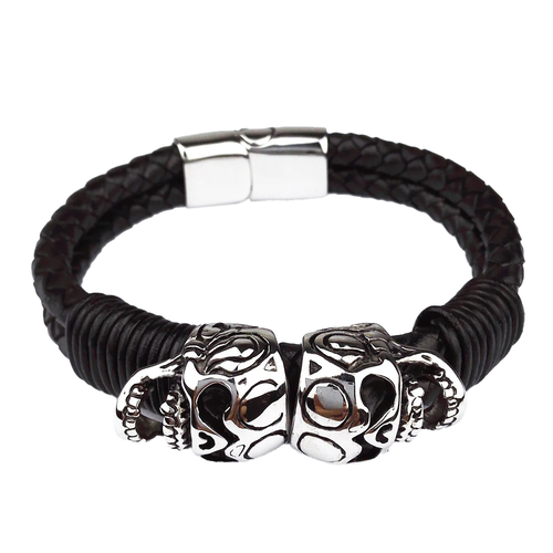 Black Braided Rope Leather Bracelet With Stainless Steel Skulls / Punk Rock Style Male Jewelry
