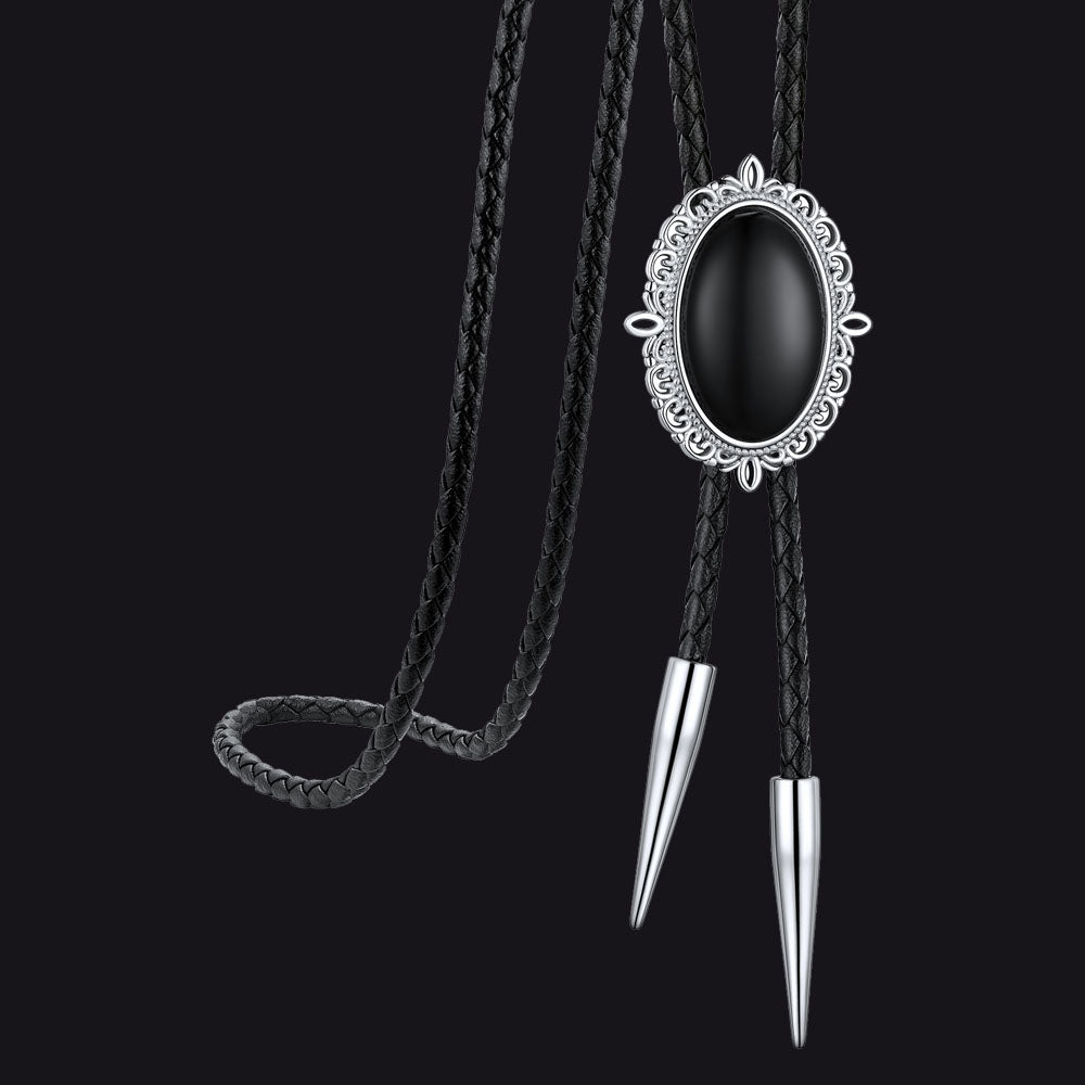 Western Black Onyx Leather Wedding Bolo Tie for