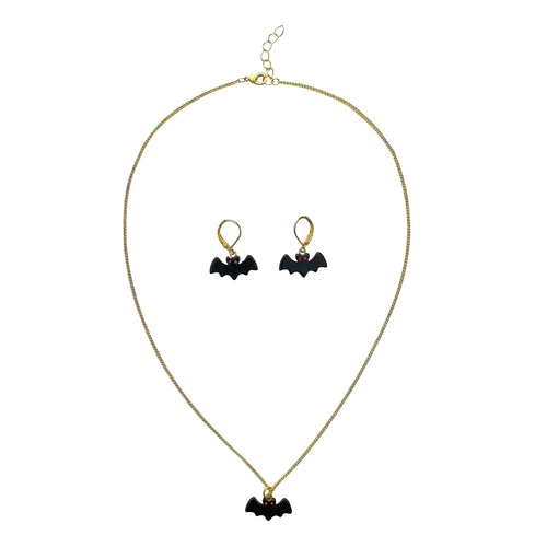 Black Bat Charm Red Crystal Eyes Matching Gold Necklace & Earring Set - 18"