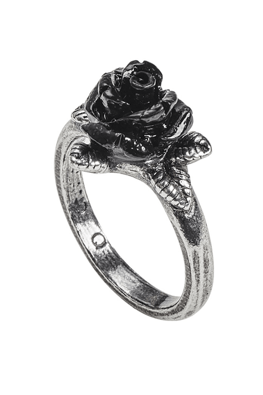 Black Resin Rose Gothic Ring With Pewter Leaves Accent