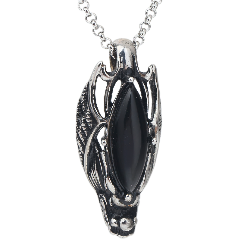 Black Stone Decorated Dragon Head Pendant Necklace / Stainless Steel Punk Jewelry
