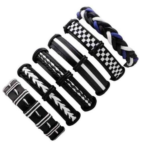 Black & White Leather Bracelet in Rock Style & Braided Rope Wristband Set of 6 Pcs