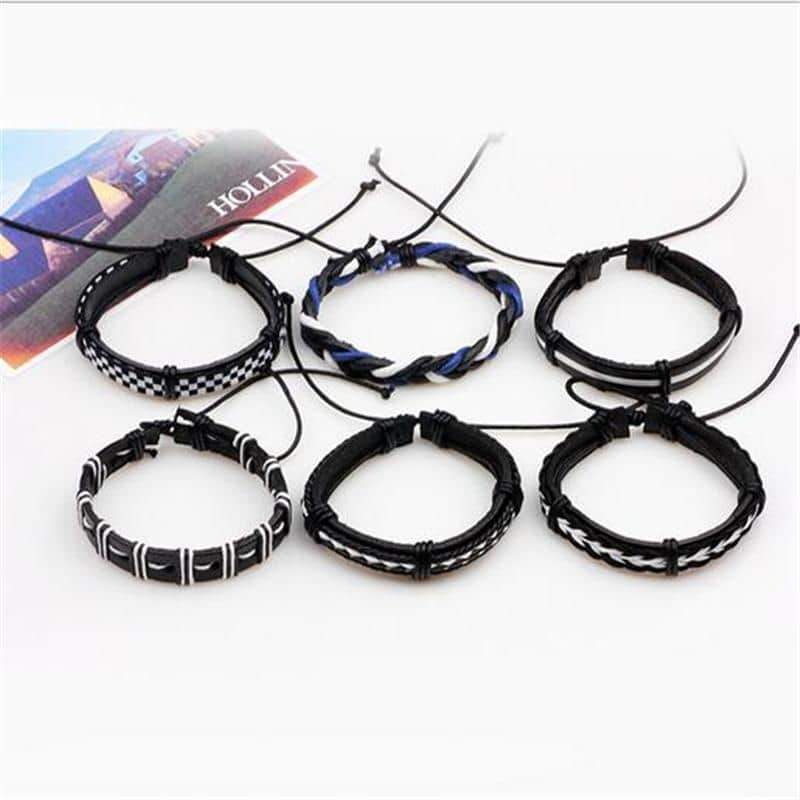 Black & White Leather Bracelet in Rock Style & Braided Rope Wristband Set of 6 Pcs
