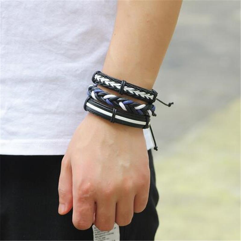 Black & White Leather Bracelet in Rock Style & Braided Rope Wristband Set of 6 Pcs