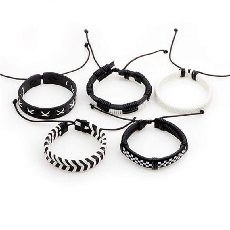 Black & White Leather Bracelet & Wristband in Rock Style Set of 5 Pcs