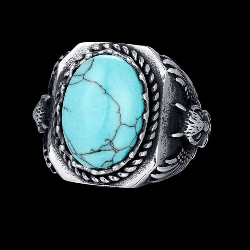 Blue Oval Gemstone Owl Signet Ring