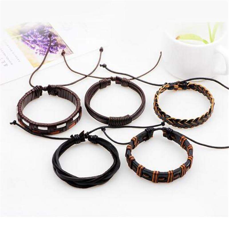 Brown & Black Leather Bracelet in Rock Style & Braided Rope Wristband Set of 5 Pcs