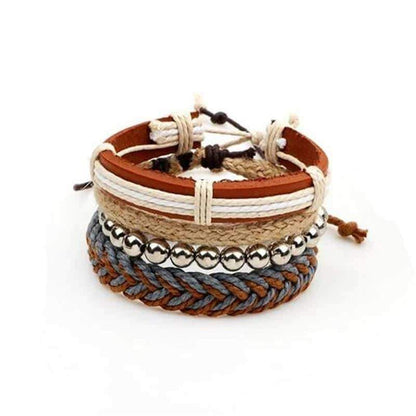 Brown Bracelet in Rock Style & Braided Rope Wristband Set of 4 Pcs