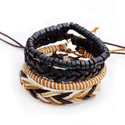 Brown Leather Bracelet in Rock Style & Braided Rope Wristband Set of 4 Pcs