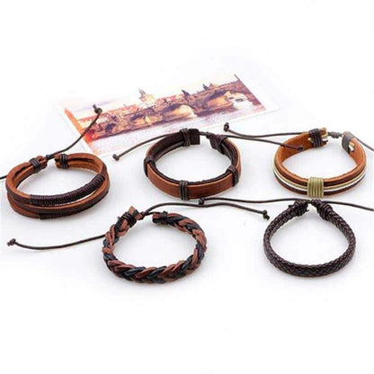 Brown Leather Bracelet in Rock Style / Braided Rope Wristband 5 Pcs Set