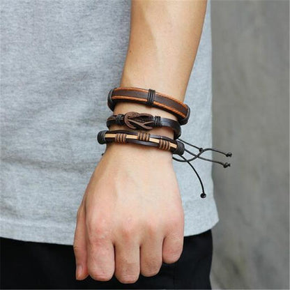 Brown Leather Bracelet in Rock Style & Braided Rope Wristband Set of 5 Pcs