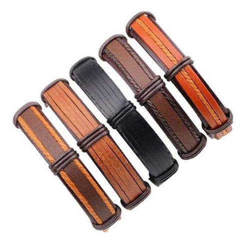 Brown Leather Bracelet in Rock Style & Wristband Set of 5 Pcs