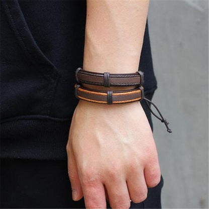 Brown Leather Bracelet in Rock Style & Wristband Set of 5 Pcs