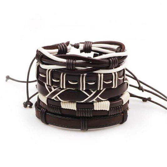 Brown & White Leather Bracelet & Wristband in Rock Style Set of 5 Pcs
