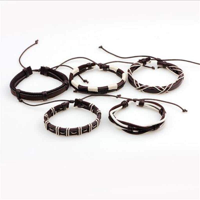 Brown & White Leather Bracelet & Wristband in Rock Style Set of 5 Pcs