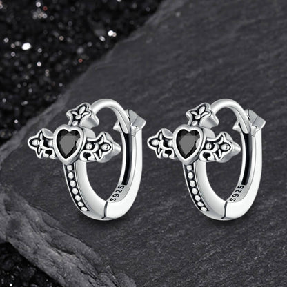 Budded Cross Heart Zircon Sterling Silver Earrings