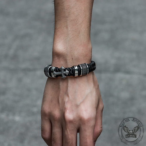 Budded Cross Stainless Steel Braided Leather Bracelet