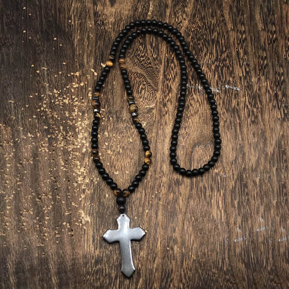 Budded Cross Stone Bead Biker Rosary Necklace