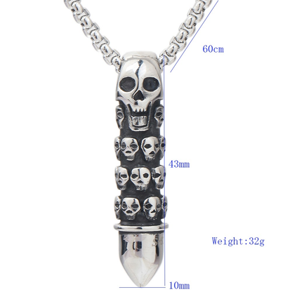 Bullet Shape Pendant Necklace Engraved With Sculls / Alternative Jewelry