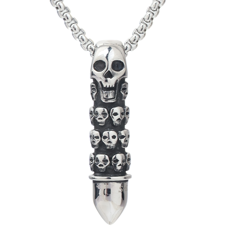 Bullet Shape Pendant Necklace Engraved With Sculls / Alternative Jewelry