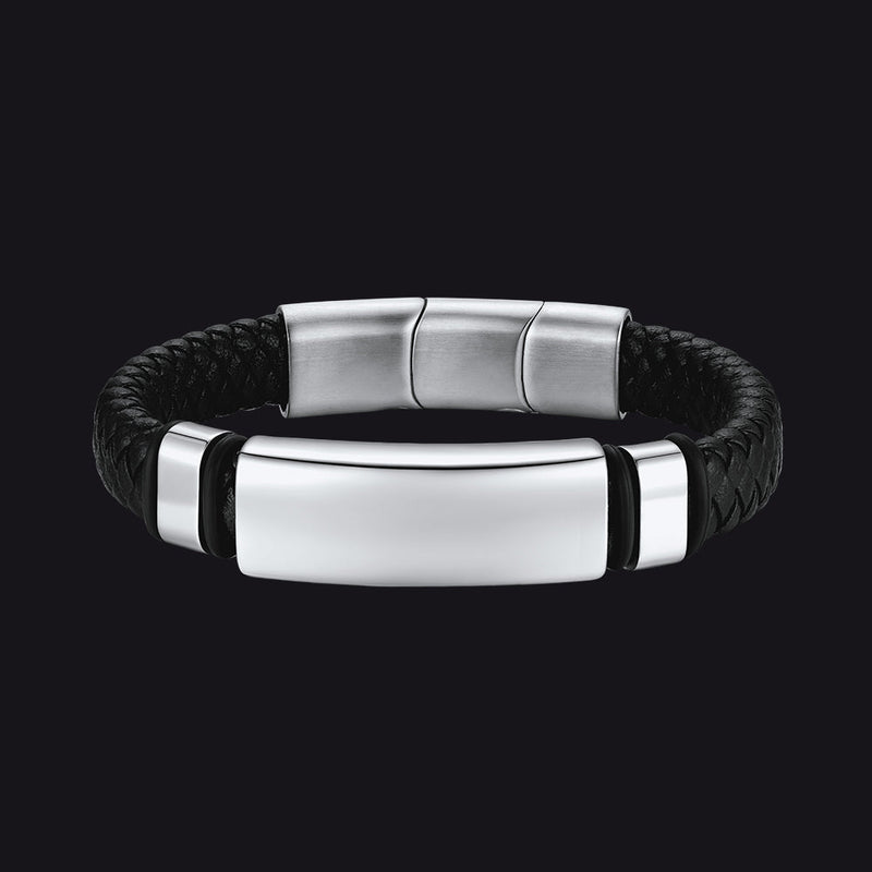 Custom Braided Black Engraved Leather Bracelet Cuff for