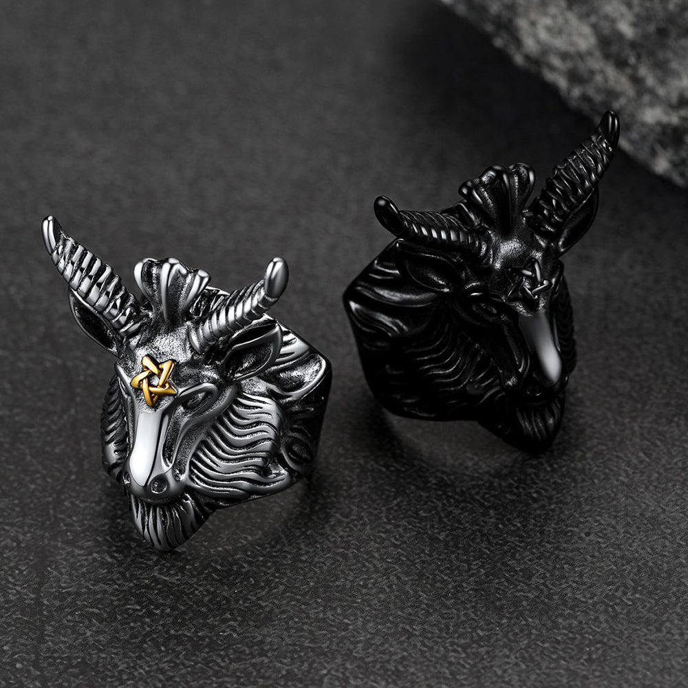 Satanic Baphomet Goat Ring for With Pentagram